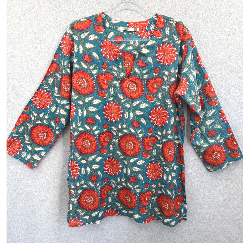 Dolma Tunic Women XL Floral Block Print Cotton V-Neck Long Sleeve Top